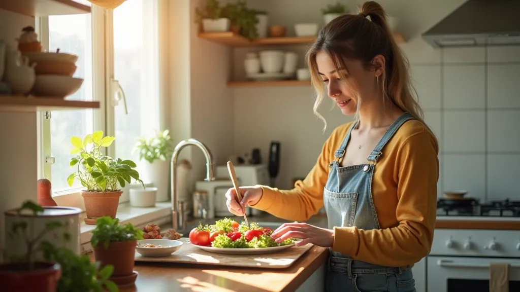 Digital nomad cooking a healthy meal