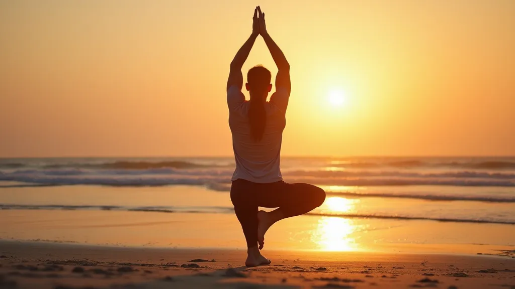Digital nomad practicing yoga on a beach