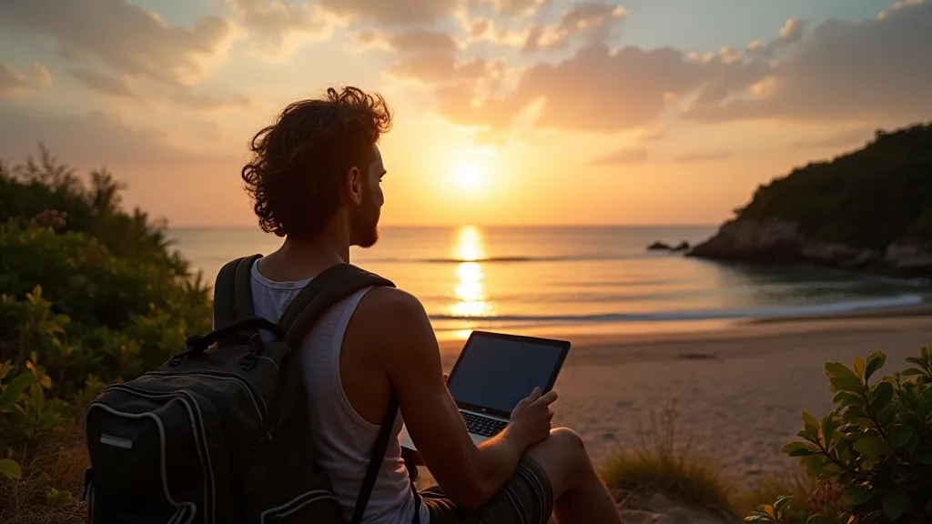 Digital nomad enjoying a sunset beach
