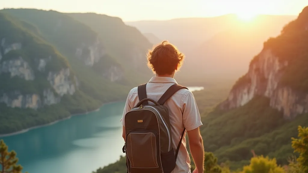 Traveler looking out at a scenic landscape