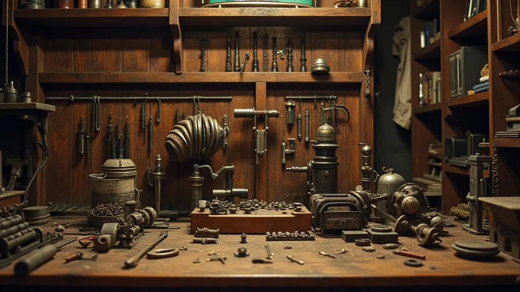 Accordion repair workbench with tools and parts