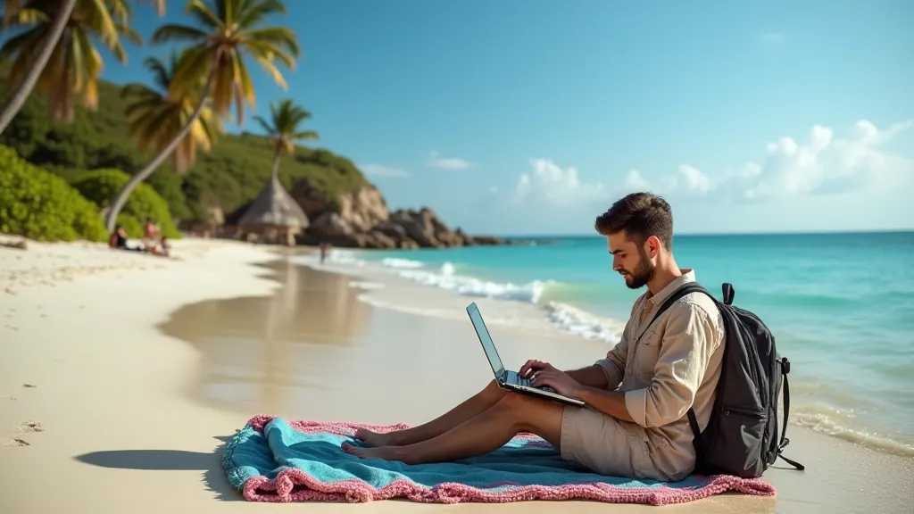 Digital nomad working on a laptop on a beach