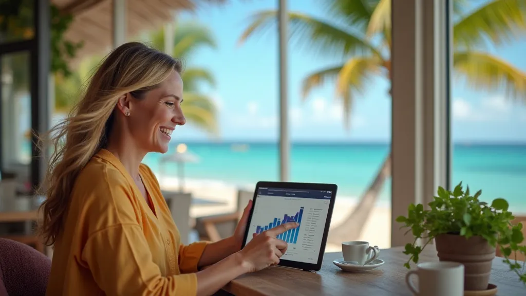 Person using budgeting app on tablet with beach view