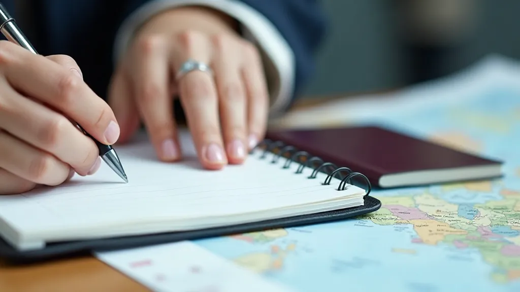 Person writing in notebook with map and passport