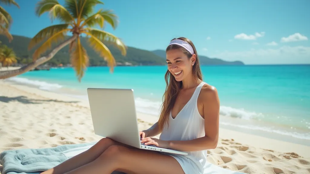 A digital nomad working on a laptop on a tropical beach